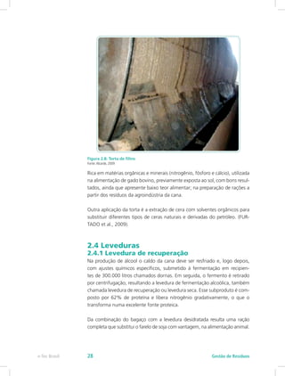 Figura 2.8: Torta de filtro
Fonte:Alcarde, 2009
Rica em matérias orgânicas e minerais (nitrogênio, fósforo e cálcio), utilizada
na alimentação de gado bovino, previamente exposta ao sol, com bons resul-
tados, ainda que apresente baixo teor alimentar; na preparação de rações a
partir dos resíduos da agroindústria da cana.
Outra aplicação da torta é a extração de cera com solventes orgânicos para
substituir diferentes tipos de ceras naturais e derivadas do petróleo. (FUR-
TADO et al., 2009).
2.4 Leveduras
2.4.1 Levedura de recuperação
Na produção de álcool o caldo da cana deve ser resfriado e, logo depois,
com ajustes químicos específicos, submetido à fermentação em recipien-
tes de 300.000 litros chamados dornas. Em seguida, o fermento é retirado
por centrifugação, resultando a levedura de fermentação alcoólica, também
chamada levedura de recuperação ou levedura seca. Esse subproduto é com-
posto por 62% de proteína e libera nitrogênio gradativamente, o que o
transforma numa excelente fonte proteica.
Da combinação do bagaço com a levedura desidratada resulta uma ração
completa que substitui o farelo de soja com vantagem, na alimentação animal.
Gestão de Resíduos
e-Tec Brasil 28
 