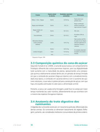 Produto
Espécie animal
de destino
Resultados reportados
(animal/dia)
Observações
Melaço + Ureia + Bagaço Bovino 6,0-9,0 kg
Ração própria para
períodos secos.
Bagaço auto-hidrolisado Bovino 0,8-1,0 L
Requer contribuição
proteica e pressão de
vapor acima de 15 kg/cm2
.
Bagaço tratado com
NaOH
Bovino 8,0-12,0 L Alto custo.
Torta desidratada Bovino 8,0-10,0 L
No máximo 20% da
ração.
Mel proteico (levedura
torula ou levedura
destilaria)
Leitões 0,6-0,7 kg
Pode constituir até 95%
da ração de ceva. Requer
adicional suplemento de
metionina, minerais e
vitaminas.
Levedura forrageira
Bovino 0,8-1,0 kg
Os resultados dependem
da espécie e do nível de
inclusão.
Suíno 0,5-0,6 kg
Aves --------------
*Adaptado de Taupier, 1999
3.3 Composição química da cana-de-açúcar
Segundo Furtado et al. (2009), a cana-de-açúcar possui um comportamento
fisiológico diferente das outras gramíneas tropicais, pois sua digestibilidade
total aumenta com a maturidade da planta, apresentando uma composi-
ção química relativamente estável dentro de um período de tempo limitado
em que o conteúdo de sacarose chega ao máximo com o amadurecimento.
Após essa época, o conteúdo em sacarose diminui com o aumento de açú-
cares redutores, o que reduz o potencial para a produção de açúcar, sem que
haja uma queda acentuada no valor para a alimentação animal.
Portanto, a cana a ser usada como forragem, pode ficar no campo por maior
tempo mantendo seu valor nutritivo, diferentemente do que acontece com
a maioria das espécies forrageiras tropicais.
3.4 Anatomia do trato digestivo dos 		
ruminantes
A digestão dos ruminantes ocorre por um mecanismo particular, diferenciado dos
demais animais. Os ruminantes se alimentam basicamente de vegetais (folha-
gem), portanto, são considerados herbívoros (consumidores de primeira ordem).
Gestão de Resíduos
e-Tec Brasil 38
 