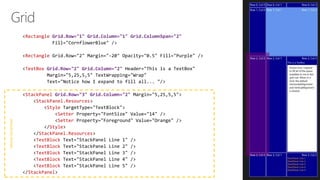 Rectangle Grid.Row="1" Grid.Column="1" Grid.ColumnSpan="2"
Rectangle
TextBox Grid.Row="2" Grid.Column="2"
StackPanel Grid.Row="3" Grid.Column="2"
StackPanel.Resources
Style
Setter
Setter
Style
StackPanel.Resources
TextBlock
TextBlock
TextBlock
TextBlock
TextBlock
StackPanel
NestedStackPanel
 