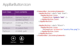 Icon Class Icon contents
SymbolIcon Named Segoe UI
Symbol symbol
BitmapIcon A bitmap (PNG, etc.)
image
FontIcon A custom font
PathIcon A XAML path
<CommandBar.SecondaryCommands>
<AppBarButton Label="Add Item">
<AppBarButton.Icon>
<SymbolIcon Symbol="Add" />
</AppBarButton.Icon>
</AppBarButton>
<AppBarButton Label="Block">
<AppBarButton.Icon>
<BitmapIcon UriSource="assets/foo.png"/>
</AppBarButton.Icon>
</AppBarButton>
</CommandBar.SecondaryCommands>
 