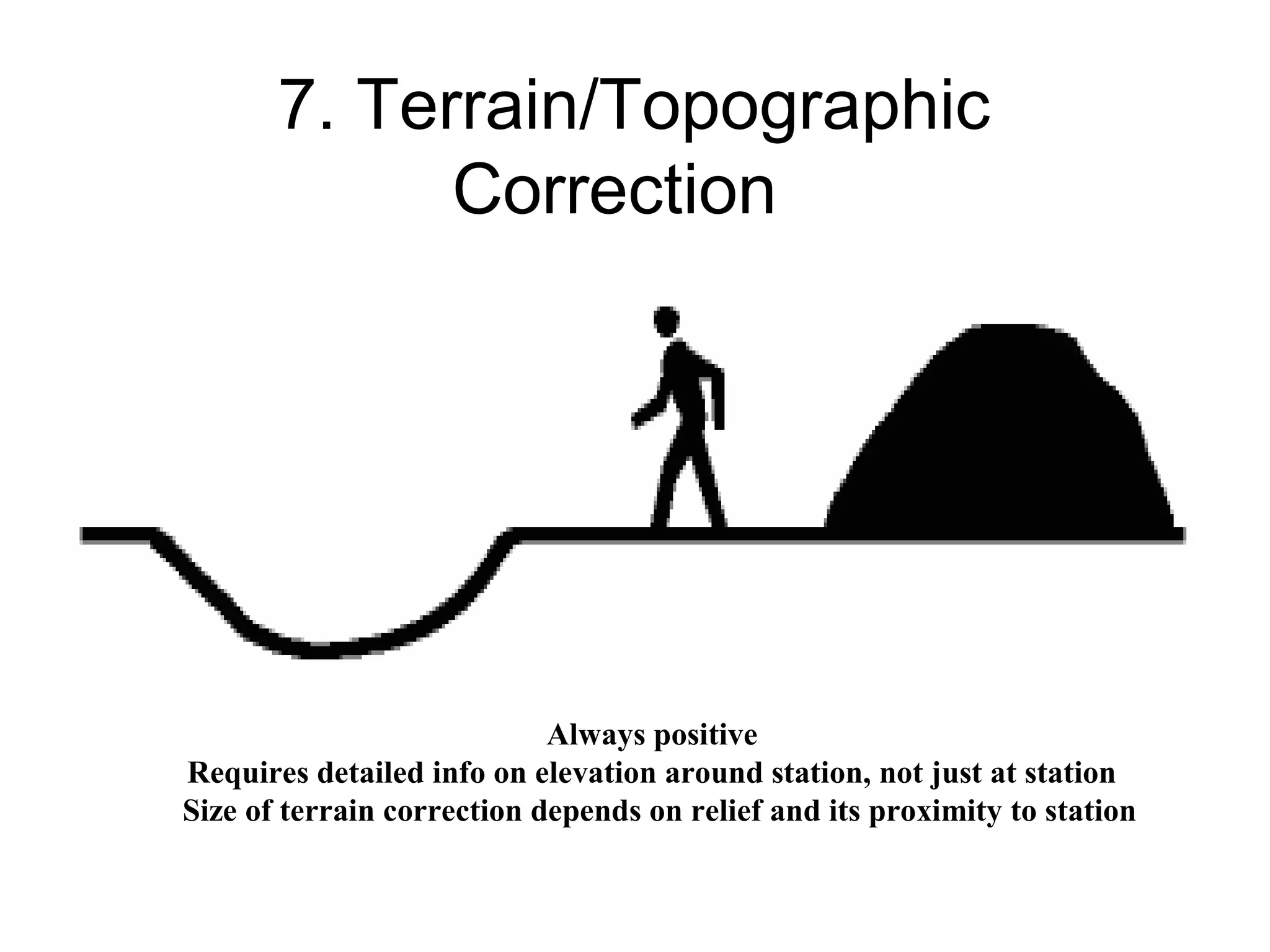 7. Terrain/Topographic
Correction

Always positive
Requires detailed info on elevation around station, not just at station
Size of terrain correction depends on relief and its proximity to station

 