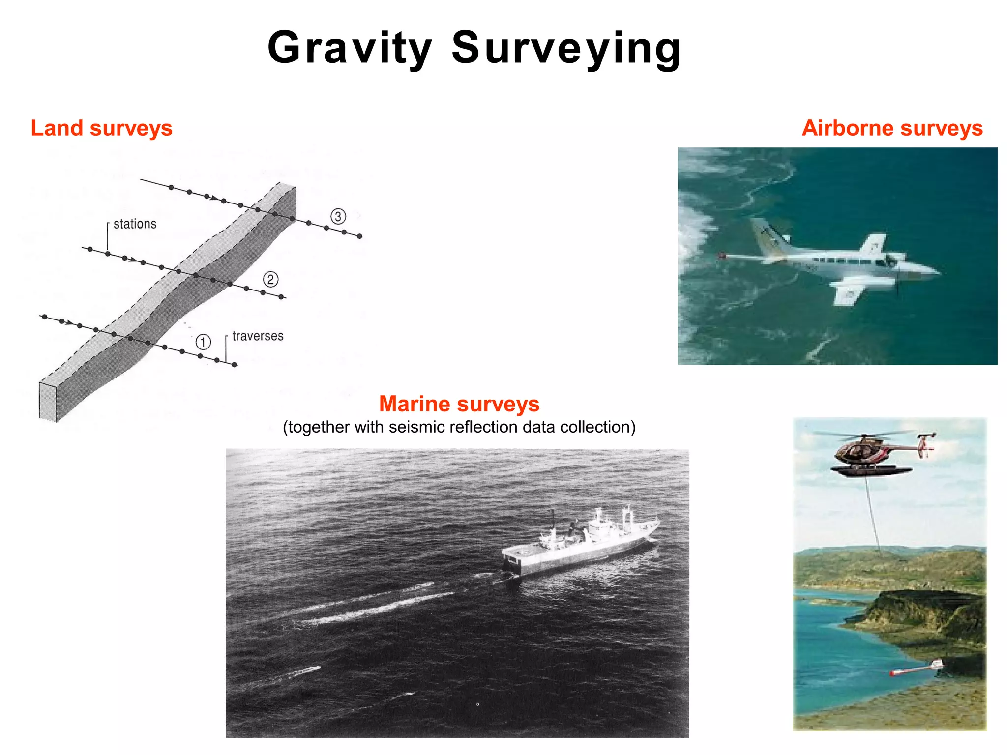 Gravity Surveying
Land surveys

Airborne surveys

Marine surveys
(together with seismic reflection data collection)

64

 