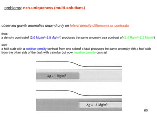 problems: non-uniqueness (multi-solutions)

observed gravity anomalies depend only on lateral density differences or contrasts
thus:
a density contrast of (2.6 Mg/m3–2.5 Mg/m3) produces the same anomaly as a contrast of (2.4 Mg/m3–2.3 Mg/m3)
and
a half-slab with a positive density contrast from one side of a fault produces the same anomaly with a half-slab
from the other side of the fault with a similar but now negative density contrast

60

 