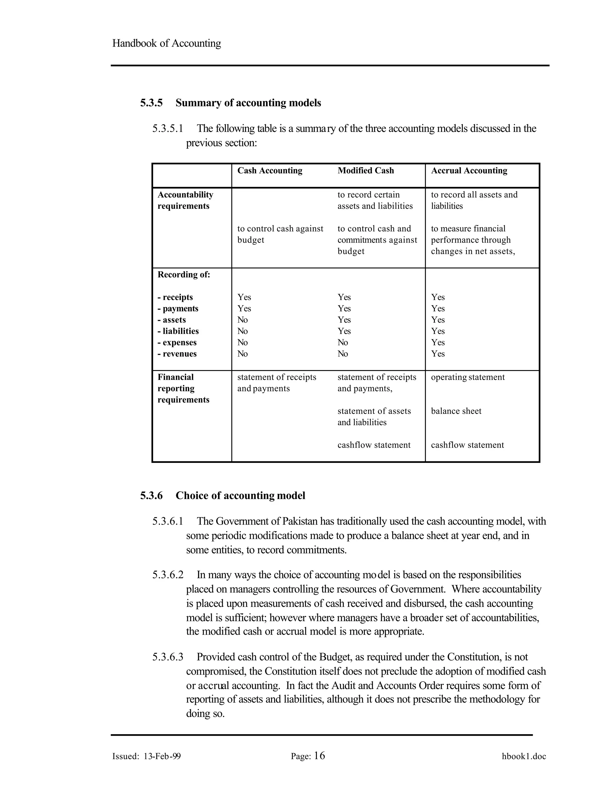 Handbook of Accounting
Issued: 13-Feb-99 Page: 16 hbook1.doc
5.3.5 Summary of accounting models
5.3.5.1 The following table is a summary of the three accounting models discussed in the
previous section:
Cash Accounting Modified Cash Accrual Accounting
Accountability
requirements
to control cash against
budget
to record certain
assets and liabilities
to control cash and
commitments against
budget
to record all assets and
liabilities
to measure financial
performance through
changes in net assets,
Recording of:
- receipts
- payments
- assets
- liabilities
- expenses
- revenues
Yes
Yes
No
No
No
No
Yes
Yes
Yes
Yes
No
No
Yes
Yes
Yes
Yes
Yes
Yes
Financial
reporting
requirements
statement of receipts
and payments
statement of receipts
and payments,
statement of assets
and liabilities
cashflow statement
operating statement
balance sheet
cashflow statement
5.3.6 Choice of accounting model
5.3.6.1 The Government of Pakistan has traditionally used the cash accounting model, with
some periodic modifications made to produce a balance sheet at year end, and in
some entities, to record commitments.
5.3.6.2 In many ways the choice of accounting model is based on the responsibilities
placed on managers controlling the resources of Government. Where accountability
is placed upon measurements of cash received and disbursed, the cash accounting
model is sufficient; however where managers have a broader set of accountabilities,
the modified cash or accrual model is more appropriate.
5.3.6.3 Provided cash control of the Budget, as required under the Constitution, is not
compromised, the Constitution itself does not preclude the adoption of modified cash
or accrual accounting. In fact the Audit and Accounts Order requires some form of
reporting of assets and liabilities, although it does not prescribe the methodology for
doing so.
 