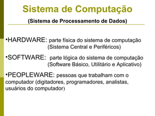Sistema de Computação
         (Sistema de Processamento de Dados)


•HARDWARE: parte física do sistema de computação
                 (Sistema Central e Periféricos)
•SOFTWARE: parte lógica do sistema de computação
                 (Software Básico, Utilitário e Aplicativo)
•PEOPLEWARE: pessoas que trabalham com o
computador (digitadores, programadores, analistas,
usuários do computador)
 