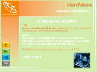 Introdução a Informática

Unidades de Medidas
• Bit
menor quantidade de informação que pode ser processada
e armazenada na memória do computador.
•Byte
É o espaço de memória onde podemos armazenar 1
caractere, ou seja, uma letra, um algarismo, um espaço
em branco, um sinal gráfico ou matemático.

•Cada Byte (1 caractere) é composto por 8 BITs.
Veja o gráfico
SAIR

 