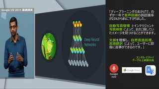 「ディープラーニングのおかげで、わ
ずか一年で音声認識の誤認識率
が23%から8%に下がりました。
自動写真整理 とインテリジェント
写真検索 によって、まさに探してい
たイメージを見つけることができます。
文脈を理解し、自然言語処理、
言語翻訳 によって、ユーザーに即
座に返事ができるのです。」
スンダル・ピチャイ
グーグル上級副社長
Google
now
Google I/O 2015 基調講演
 