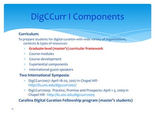 DigCCurr I Components
Curriculum:
To prepare students for digital curation with wide variety of organizations,
contexts & types of resources:
Graduate-level (master’s) curricular framework
Course modules
Course development
Experiential components
International guest speakers
Two International Symposia:
DigCCurr2007: April 18-20, 2007 in Chapel Hill -
http://ils.unc.edu/digccurr2007/
DigCCurr2009: Practice, Promise and Prospects: April 1-3, 2009 in
Chapel Hill - http://ils.unc.edu/digccurr2009
Carolina Digital Curation Fellowship program (master’s students)
19
 