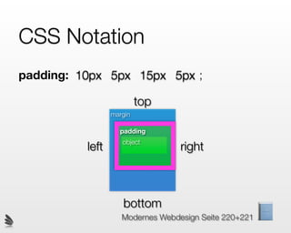 CSS Notation
padding: 10px 5px 15px 5px ;

                          top
                 margin

                   padding
                    object
          left                    right



                    bottom
                    Modernes Webdesign Seite 220+221
 