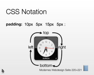 CSS Notation
padding: 10px 5px 15px 5px ;

                   top


          left                 right



                 bottom
                 Modernes Webdesign Seite 220+221
 