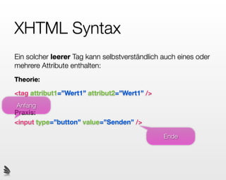 XHTML Syntax
Ein solcher leerer Tag kann selbstverständlich auch eines oder
mehrere Attribute enthalten:
Theorie:

<tag attribut1=”Wert1” attribut2=”Wert1” />
Anfang
Praxis:
<input type=”button” value=”Senden” />

                                               Ende
 