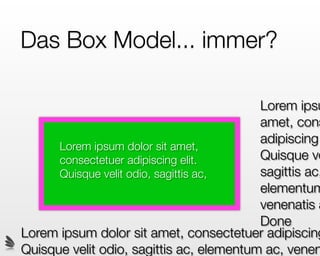 Das Box Model... immer?

                                          Lorem ipsu
                                          amet, cons
                                          adipiscing
      Lorem ipsum dolor sit amet,
      consectetuer adipiscing elit.       Quisque ve
      Quisque velit odio, sagittis ac,    sagittis ac,
                                          elementum
                                          venenatis a
                                          Done
Lorem ipsum dolor sit amet, consectetuer adipiscing
Quisque velit odio, sagittis ac, elementum ac, venen
 
