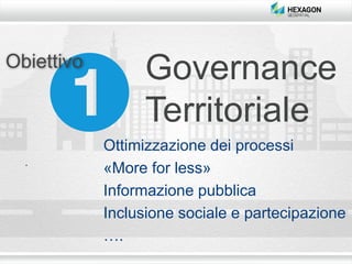 Obiettivo
Governance
Territoriale
Ottimizzazione dei processi
«More for less»
Informazione pubblica
Inclusione sociale e partecipazione
….
 