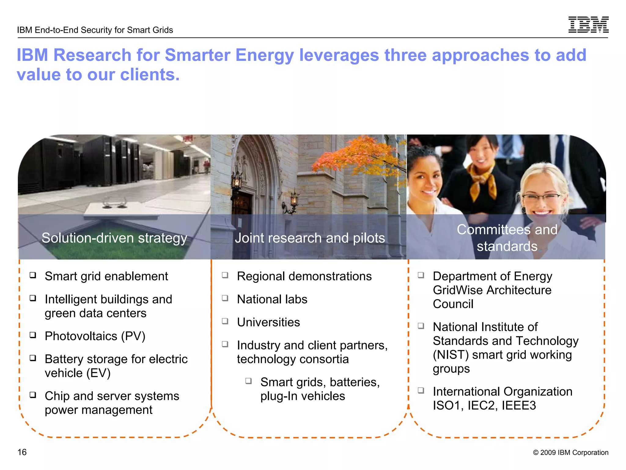 IBM Research for Smarter Energy leverages three approaches to add value to our clients. Solution-driven strategy Smart grid enablement Intelligent buildings and green data centers Photovoltaics (PV) Battery storage for electric vehicle (EV) Chip and server systems power management Joint research and pilots Regional demonstrations  National labs  Universities Industry and client partners, technology consortia Smart grids, batteries,  plug-In vehicles Committees and standards Department of Energy  GridWise Architecture Council National Institute of Standards and Technology (NIST) smart grid working groups International Organization ISO1, IEC2, IEEE3 