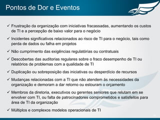 Pontos de Dor e Eventos
 Frustração da organização com iniciativas fracassadas, aumentando os custos
de TI e a percepção de baixo valor para o negócio
 Incidentes significativos relacionados ao risco de TI para o negócio, tais como
perda de dados ou falha em projetos
 Não cumprimento das exigências regulatórias ou contratuais
 Descobertas das auditorias regulares sobre o fraco desempenho de TI ou
relatórios de problemas com a qualidade de TI
 Duplicação ou sobreposição das iniciativas ou desperdício de recursos
 Mudanças relacionadas com a TI que não atendem às necessidades da
organização e demoram a dar retorno ou estouram o orçamento
 Membros da diretoria, executivos ou gerentes seniores que relutam em se
envolver com TI, ou falta de patrocinadores comprometidos e satisfeitos para
área de TI da organização
 Múltiplos e complexos modelos operacionais de TI
18
 
