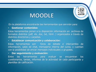 En la plataforma encontrarás las herramientas que servirán para:
• Gestionar contenidos:
Estas herramientas ponen a tu disposición información en archivos de
formatos distintos (pdf, xls, doc, txt, html…) organizados a través de
distintos directorios y carpetas.
• Establecer comunicación y colaboración:
Estas herramientas son foros de debate e intercambio de
información, salas de chat, mensajería interna del curso, y cuentan
con la posibilidad de enviar mensajes individuales o grupales.
• Dar seguimiento y evaluación:
Entre las herramientas para evaluar se encuentran los
cuestionarios, tareas, informes de la actividad de cada participante y
plantillas de calificación.
 