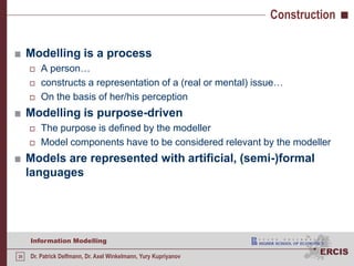 ConstructionModelling is a process A person…constructs a representation of a (real or mental) issue…On the basis of her/his perceptionModelling is purpose-drivenThe purpose is defined by the modellerModel components have to be considered relevant by the modellerModels are represented with artificial, (semi-)formal languages