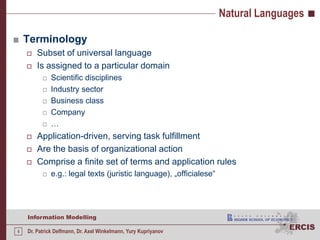 Natural LanguagesTerminologySubset of universal languageIs assigned to a particular domainScientific disciplinesIndustry sectorBusiness classCompany…Application-driven, serving task fulfillmentAre the basis of organizational actionComprise a finite set of terms and application rulese.g.: legal texts (juristic language), „officialese“