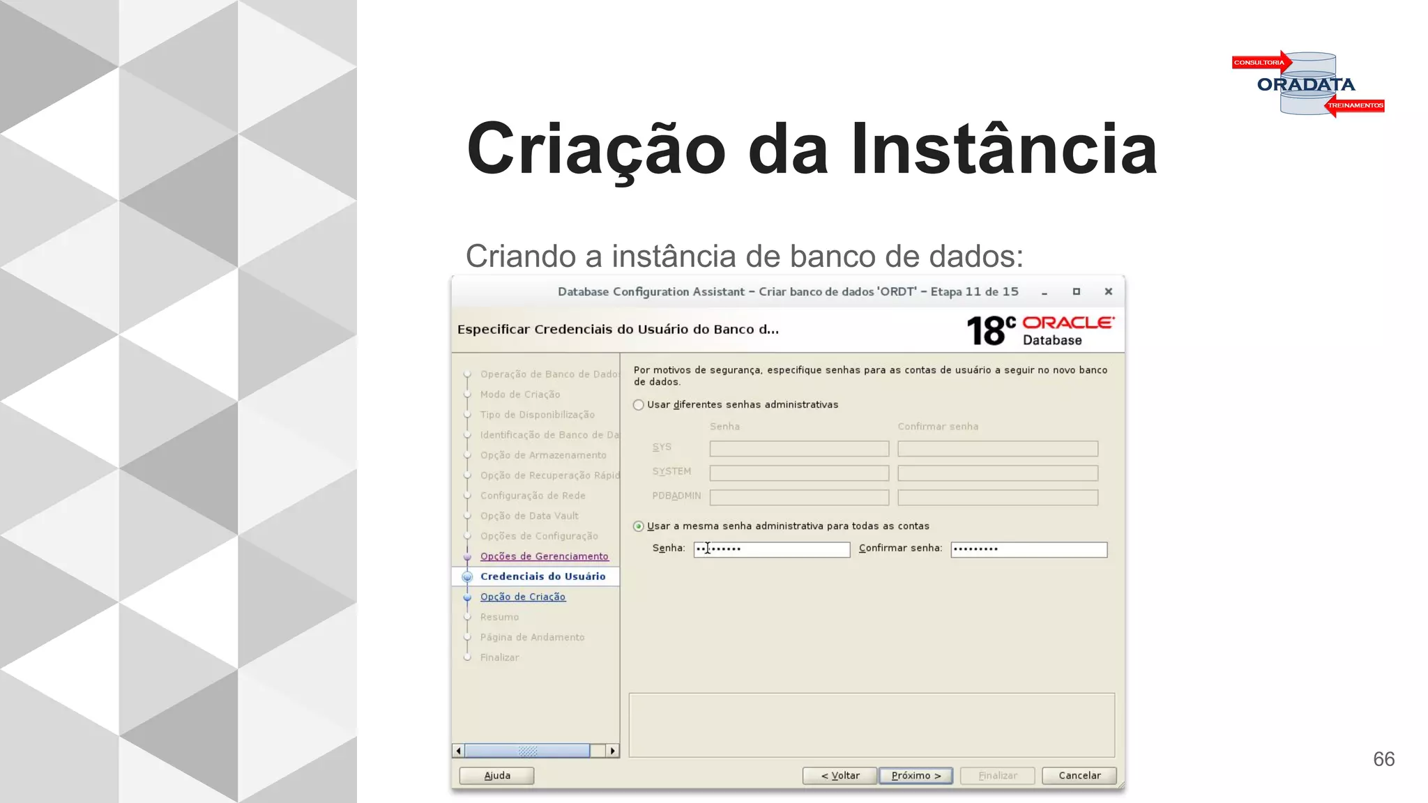 Criação da Instância
66
Criando a instância de banco de dados:
 