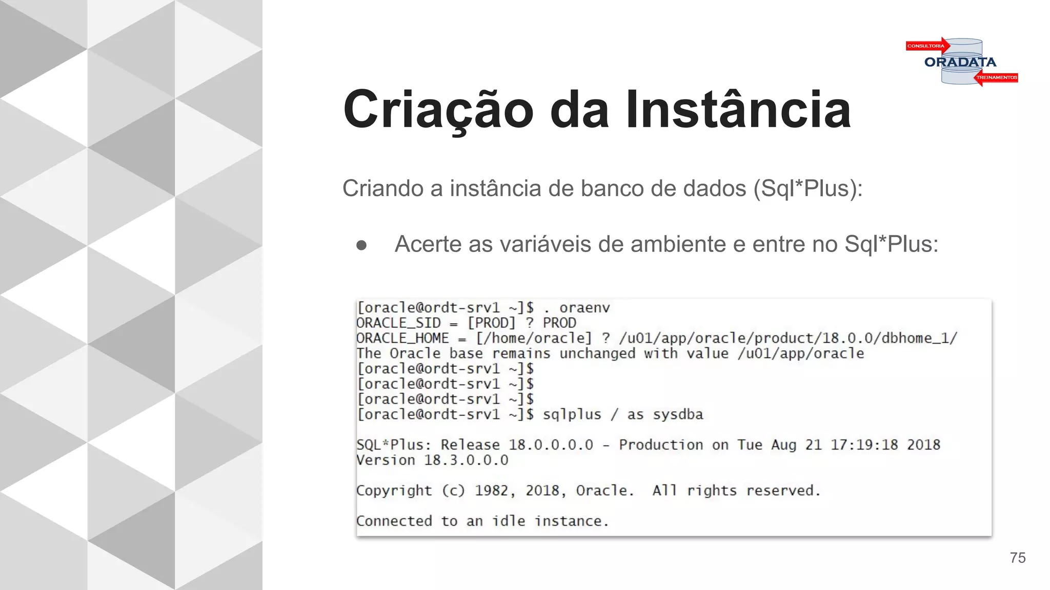 Criação da Instância
75
Criando a instância de banco de dados (Sql*Plus):
● Acerte as variáveis de ambiente e entre no Sql*Plus:
 
