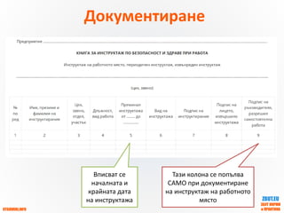 OTGOVORI.INFO
ZBUT.EU
ЗБУТ НОРМИ
и ПРАКТИКА
Документиране
Вписват се
началната и
крайната дата
на инструктажа
Тази колона се попълва
САМО при документиране
на инструктаж на работното
място
 