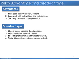 21
Relay Advantage and disadvantage.
© Mohamed F.A.B 2015
Advantages:
1- It can pass both AC and DC current.
2- It can work with high voltage and high current.
3- One relay can control multiple device.
Dis-advantages:
1- It has a bigger package than transistor.
2- It can not be ON and OFF rapidly.
3- It need higher current than transistor to work.
4- Digital ICs or micro-controller can not active it.
 