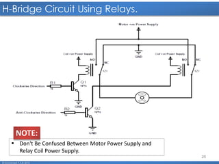 26
H-Bridge Circuit Using Relays.
© Mohamed F.A.B 2015
 Don't Be Confused Between Motor Power Supply and
Relay Coil Power Supply.
NOTE:
 