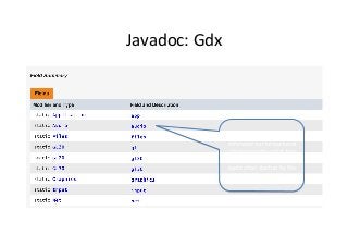 Javadoc:	
  Gdx	
  
Gdx.audio	
  (Interface)	
  is	
  a	
  
reference	
  to	
  the	
  backend	
  
implementaAon	
  that	
  has	
  
been	
  instanAated	
  on	
  
applicaAon	
  startup	
  by	
  the	
  
ApplicaAon	
  instance.	
  	
  
 