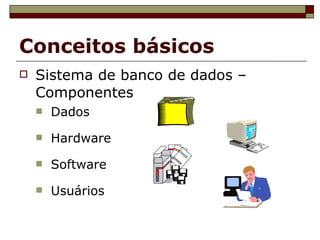 Conceitos básicos Sistema de banco de dados – Componentes Dados Hardware Software Usuários 