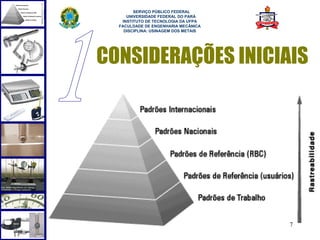  
        SERVIÇO PÚBLICO FEDERAL
     UNIVERSIDADE FEDERAL DO PARÁ
   INSTITUTO DE TECNOLOGIA DA UFPA
  FACULDADE DE ENGENHARIA MECÂNICA
    DISCIPLINA: USINAGEM DOS METAIS




CONSIDERAÇÕES INICIAIS




                                      7
 