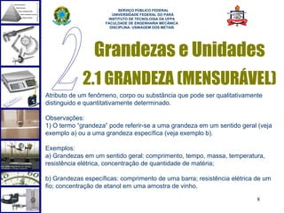  
                          SERVIÇO PÚBLICO FEDERAL
                       UNIVERSIDADE FEDERAL DO PARÁ
                     INSTITUTO DE TECNOLOGIA DA UFPA
                    FACULDADE DE ENGENHARIA MECÂNICA
                      DISCIPLINA: USINAGEM DOS METAIS




                Grandezas e Unidades
            2.1 GRANDEZA (MENSURÁVEL)
Atributo de um fenômeno, corpo ou substância que pode ser qualitativamente
distinguido e quantitativamente determinado.

Observações:
1) O termo “grandeza” pode referir-se a uma grandeza em um sentido geral (veja
exemplo a) ou a uma grandeza específica (veja exemplo b).

Exemplos:
a) Grandezas em um sentido geral: comprimento, tempo, massa, temperatura,
resistência elétrica, concentração de quantidade de matéria;

b) Grandezas específicas: comprimento de uma barra; resistência elétrica de um
fio; concentração de etanol em uma amostra de vinho.

                                                                         8
 