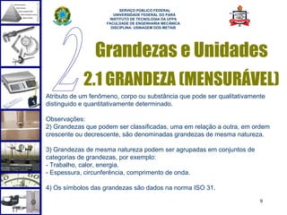  
                          SERVIÇO PÚBLICO FEDERAL
                       UNIVERSIDADE FEDERAL DO PARÁ
                     INSTITUTO DE TECNOLOGIA DA UFPA
                    FACULDADE DE ENGENHARIA MECÂNICA
                      DISCIPLINA: USINAGEM DOS METAIS




                Grandezas e Unidades
            2.1 GRANDEZA (MENSURÁVEL)
Atributo de um fenômeno, corpo ou substância que pode ser qualitativamente
distinguido e quantitativamente determinado.

Observações:
2) Grandezas que podem ser classificadas, uma em relação a outra, em ordem
crescente ou decrescente, são denominadas grandezas de mesma natureza.

3) Grandezas de mesma natureza podem ser agrupadas em conjuntos de
categorias de grandezas, por exemplo:
- Trabalho, calor, energia.
- Espessura, circunferência, comprimento de onda.

4) Os símbolos das grandezas são dados na norma ISO 31.

                                                                        9
 