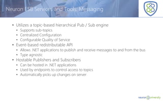 © Copyright 2014, Neudesic. All rights reserved.
Neuron ESB Services and Tools: Messaging
• Utilizes a topic-based hierarchical Pub / Sub engine
• Supports sub-topics
• Centralized Configuration
• Configurable Quality of Service
• Event-based redistributable API
• Allows .NET applications to publish and receive messages to and from the bus
• Type agnostic
• Hostable Publishers and Subscribers
• Can be hosted in .NET applications
• Used by endpoints to control access to topics
• Automatically picks up changes on server
 