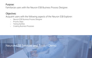 Purpose:
Familiarize users with the Neuron ESB Business Process Designer.
Objectives:
Acquaint users with the following aspects of the Neuron ESB Explorer:
• Neuron ESB Business Process Designer
• Process Steps
• Testing facilities
• Creating Business Processes
Neuron ESB Services and Tools - Demo
 