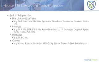 © Copyright 2014, Neudesic. All rights reserved.
Neuron ESB Services and Tools: Integration
• Built in Adapters for:
• Line of Business Systems
• e.g. SAP, Salesforce, NetSuite, Dynamics, SharePoint, Certainsafe, Marketo, Zuora
,etc.
• Protocols
• e.g. TCP, FTP/SFTP/FTPS, File, Active Directory, SMTP, Exchange, Dropbox, Apple
Push, Twillio, POP3 etc.
• Databases
• e.g. ODBC, etc.
• Queues
• e.g. Azure, Amazon, MqSeries, MSMQ, Sql Service Broker, Rabbit, ActiveMq, etc.
 