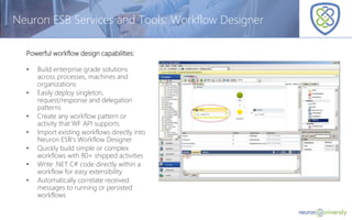 © Copyright 2014, Neudesic. All rights reserved.
Neuron ESB Services and Tools: Workflow Designer
Powerful workflow design capabilities:
• Build enterprise grade solutions
across processes, machines and
organizations
• Easily deploy singleton,
request/response and delegation
patterns
• Create any workflow pattern or
activity that WF API supports
• Import existing workflows directly into
Neuron ESB’s Workflow Designer
• Quickly build simple or complex
workflows with 80+ shipped activities
• Write .NET C# code directly within a
workflow for easy extensibility
• Automatically correlate received
messages to running or persisted
workflows
 