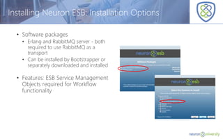 © Copyright 2014, Neudesic. All rights reserved.
Installing Neuron ESB: Installation Options
• Software packages
• Erlang and RabbitMQ server - both
required to use RabbitMQ as a
transport
• Can be installed by Bootstrapper or
separately downloaded and installed
• Features: ESB Service Management
Objects required for Workflow
functionality
 