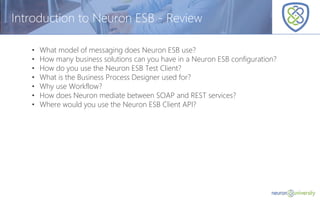 © Copyright 2014, Neudesic. All rights reserved.
Introduction to Neuron ESB - Review
• What model of messaging does Neuron ESB use?
• How many business solutions can you have in a Neuron ESB configuration?
• How do you use the Neuron ESB Test Client?
• What is the Business Process Designer used for?
• Why use Workflow?
• How does Neuron mediate between SOAP and REST services?
• Where would you use the Neuron ESB Client API?
 