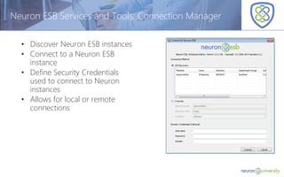 © Copyright 2014, Neudesic. All rights reserved.
Neuron ESB Services and Tools: Connection Manager
• Discover Neuron ESB instances
• Connect to a Neuron ESB
instance
• Define Security Credentials
used to connect to Neuron
instances
• Allows for local or remote
connections
 