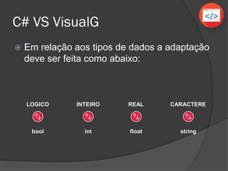 C# VS VisualG
 Em relação aos tipos de dados a adaptação
deve ser feita como abaixo:
LOGICO
bool
INTEIRO
int
REAL
float
CARACTERE
string
 