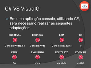C# VS VisualG
 Em uma aplicação console, utilizando C#,
será necessário realizar as seguintes
adaptações:
ESCREVAL
Console.WriteLine
ESCREVA
Console.Write
LEIA
Console.ReadLine
SE
if
PARA
for
ENQUANTO
while
REPITA ATÉ
do while
ESCOLHA
switch
 