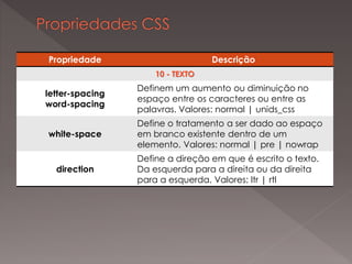 Propriedade Descrição
10 - TEXTO
letter-spacing
word-spacing
Definem um aumento ou diminuição no
espaço entre os caracteres ou entre as
palavras. Valores: normal | unids_css
white-space
Define o tratamento a ser dado ao espaço
em branco existente dentro de um
elemento. Valores: normal | pre | nowrap
direction
Define a direção em que é escrito o texto.
Da esquerda para a direita ou da direita
para a esquerda. Valores: ltr | rtl
 