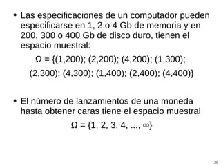 Las especificaciones de un computador pueden especificarse en 1, 2 o 4 Gb de memoria y en 200, 300 o 400 Gb de disco duro, tienen el espacio muestral: Ω  = {(1,200); (2,200); (4,200); (1,300);  (2,300); (4,300); (1,400); (2,400); (4,400)} El número de lanzamientos de una moneda hasta obtener caras tiene el espacio muestral Ω  = {1, 2, 3, 4, ...,  ∞ } 