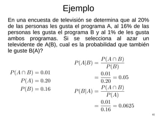 Probabilidad condicional Cual es la probabilidad de ser fumador dado que se es mujer? Probabilidad condicional de  A i  dada la ocurrencia de  B j 