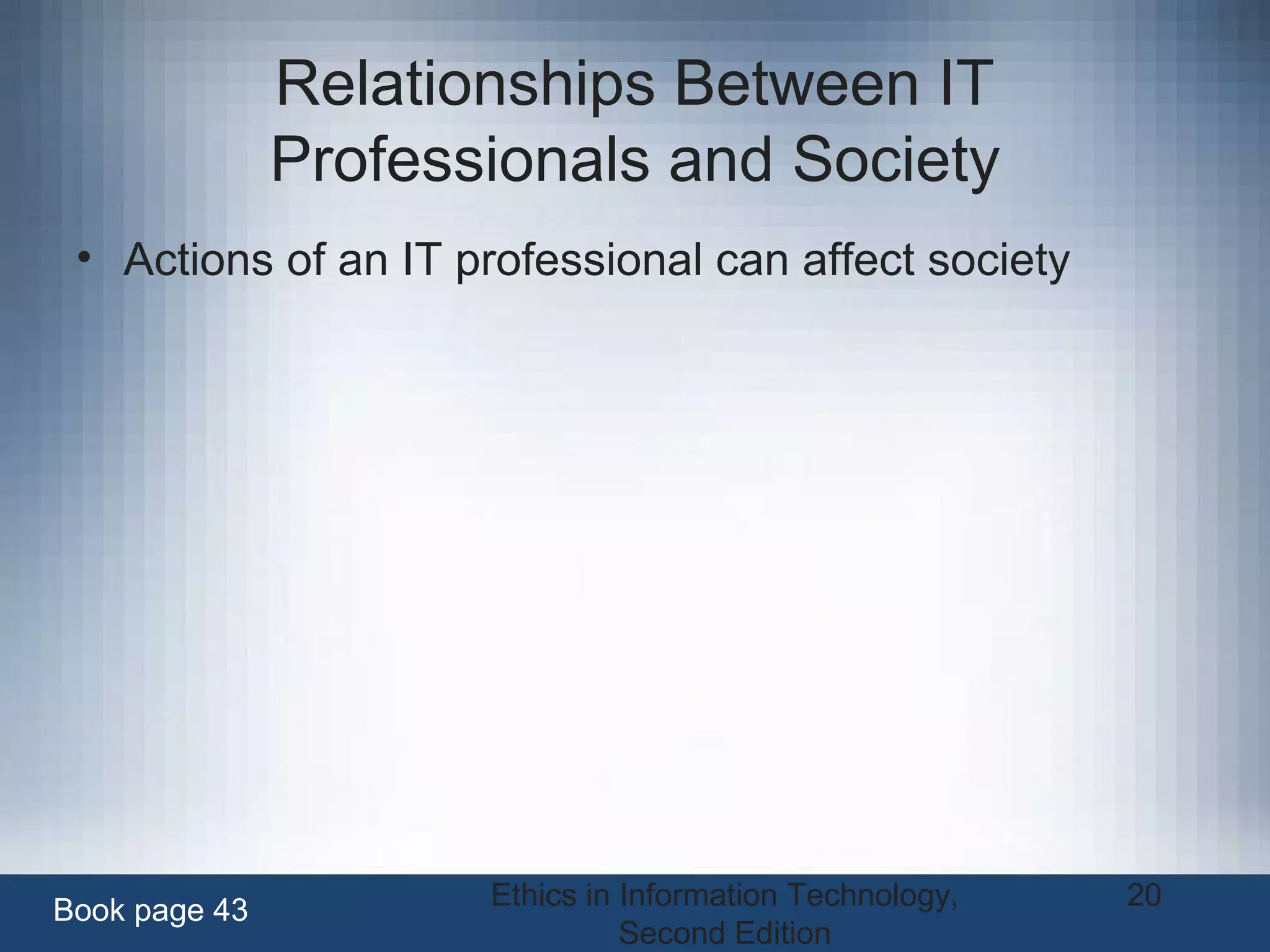 Ethics in Information Technology,
Second Edition
20
Relationships Between IT
Professionals and Society
• Actions of an IT professional can affect society
Book page 43
 