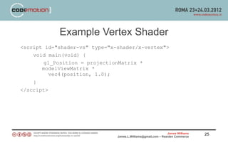 Example Vertex Shader
<script id="shader-vs" type="x-shader/x-vertex">
    void main(void) {
       gl_Position = projectionMatrix *
       modelViewMatrix *
         vec4(position, 1.0);
    }
</script>




                                                               James Williams   25
                               James.L.Williams@gmail.com – Rearden Commerce
 