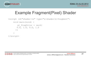 Example Fragment(Pixel) Shader
<script id="shader-vs" type="x-shader/x-fragment">
    void main(void) {
       gl_FragColor = vec4(
       0.0, 1.0, 0.0, 1.0
      );
    }
</script>




                                                               James Williams   27
                               James.L.Williams@gmail.com – Rearden Commerce
 
