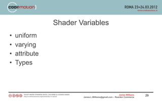 Shader Variables
•   uniform
•   varying
•   attribute
•   Types



                                                        James Williams   29
                        James.L.Williams@gmail.com – Rearden Commerce
 