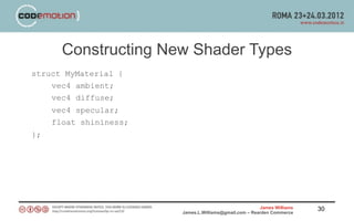 Constructing New Shader Types
struct MyMaterial {
    vec4 ambient;
    vec4 diffuse;
     vec4 specular;
     float shininess;
};




                                                        James Williams   30
                        James.L.Williams@gmail.com – Rearden Commerce
 