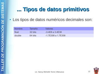 TALLER DE PROGRAMACIÓN DE SISTEMAS

                                           ... Tipos de datos primitivos
                                     ●   Los tipos de datos numéricos decimales son:

                                         Nombre   Tamaño            Valores
                                         float    32 bits           -3.4E8 a 3.4E38
                                         double   64 bits           -1.7E308 a 1.7E308




                                                       Lic. Nancy Michelle Torres Villanueva   12
 